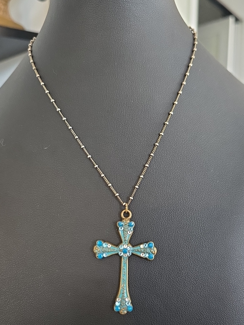 Gold-Tone Cross Pendant Necklace with Turquoise Crystals (H)